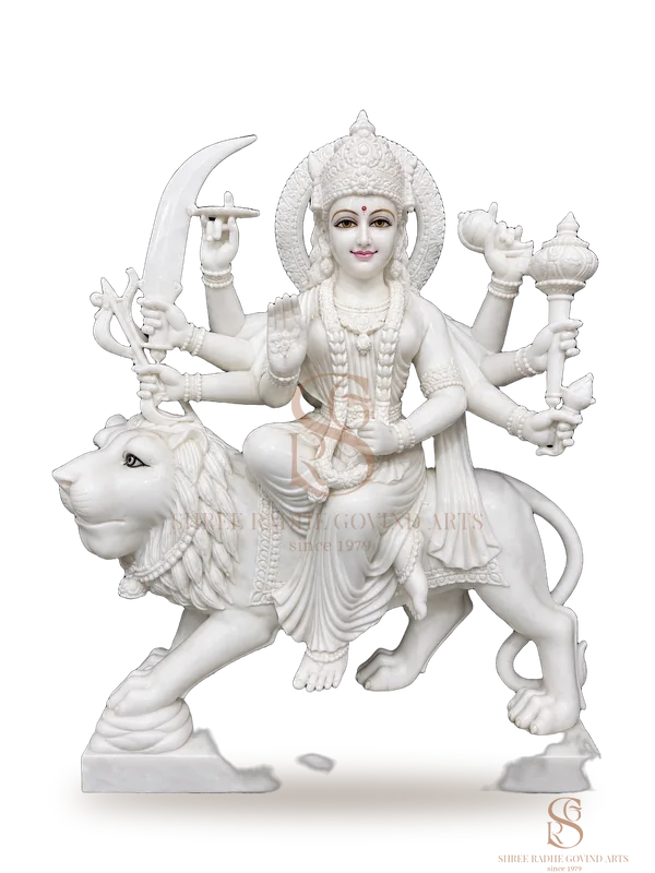 Eight-armed Durga Maa on a striding lion, in white marble