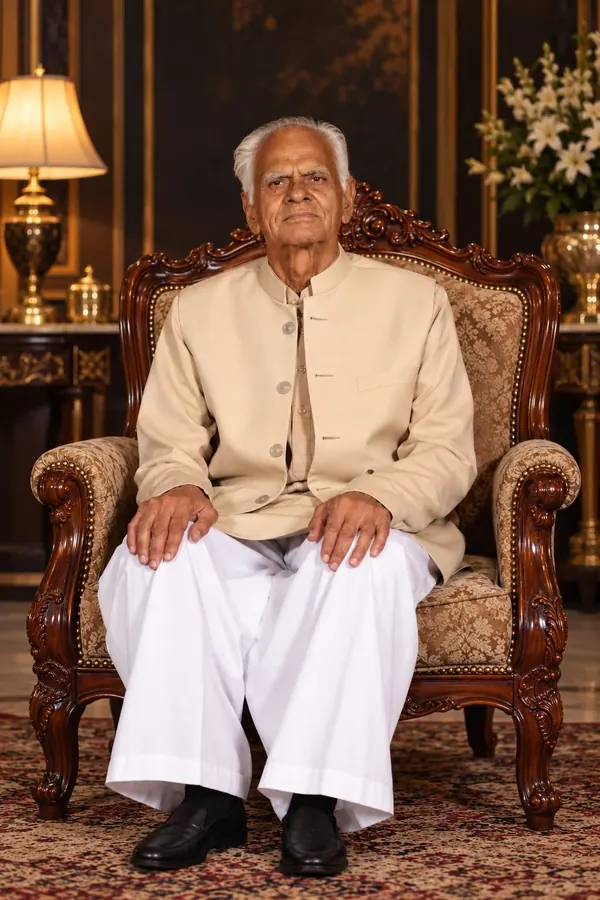 Shyam Sunder Sharma, grandfather and elder of the Shree Radhe Govind Arts family, seated in a carved chair