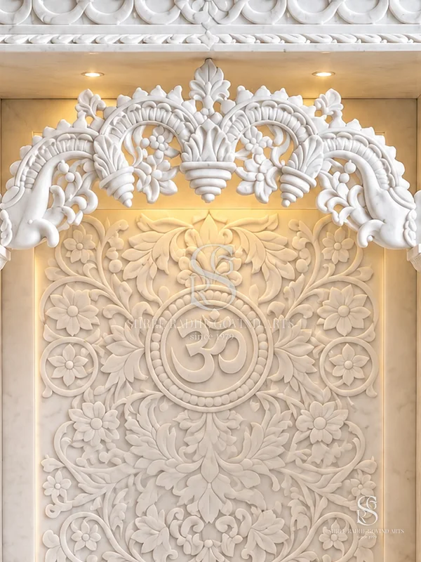 Close-up of the face and crown of the Marble Mandir, Om Panel