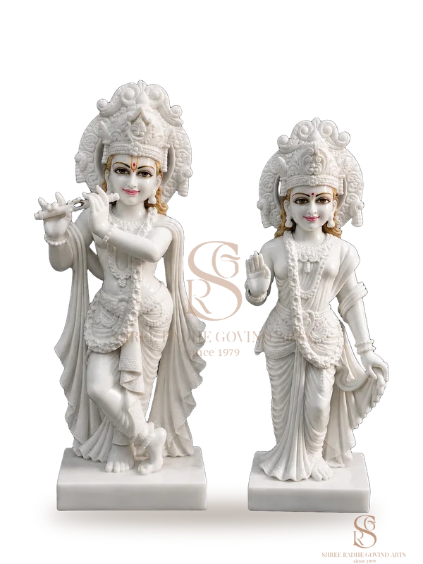 Radha Krishna as two separate standing moortis in white marble