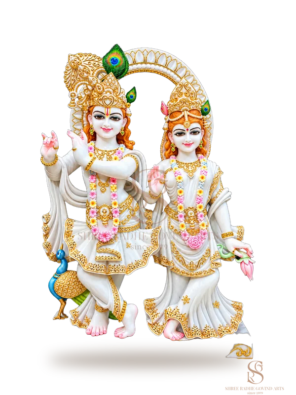 Radha Krishna with gold leaf work in white marble