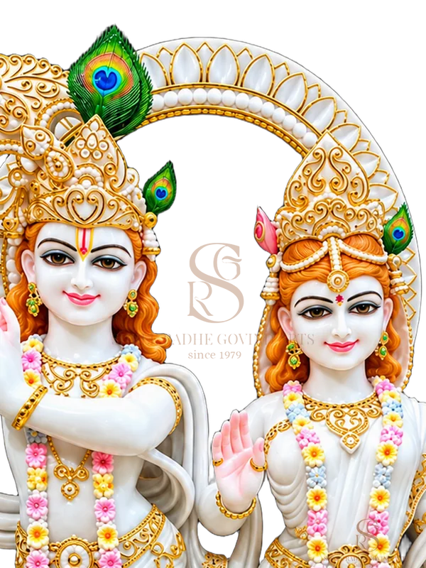 Close-up of the face and crown of the Radha Krishna with Gold Work
