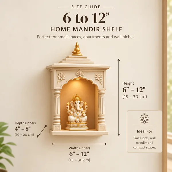 Size guide: 6 to 12″, Home mandir shelf. Mandir with a Ganesh moorti, marked with height, width and depth