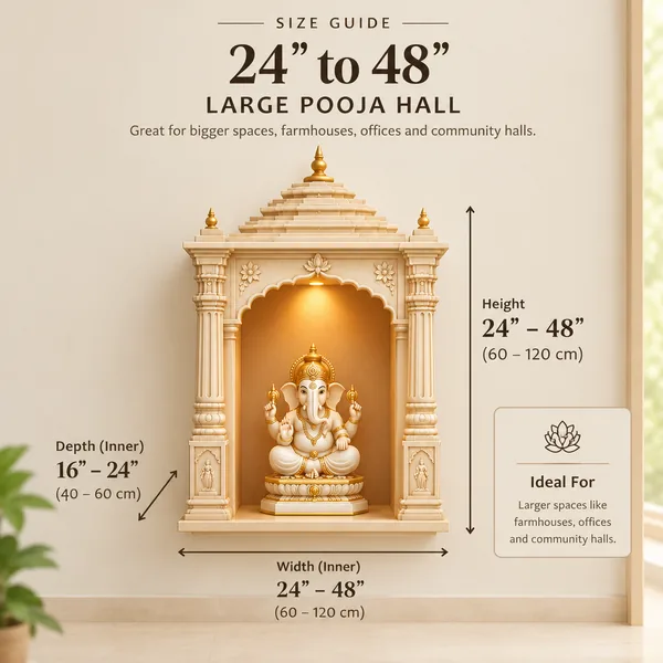 Size guide: 24 to 48″, Large pooja hall. Mandir with a Ganesh moorti, marked with height, width and depth